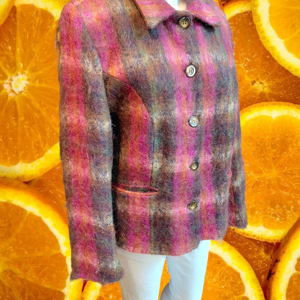 Andrea Viccaro Petite‎ Plaid Mohair Wool Blend Blazer Jacket Pink Purple Multi